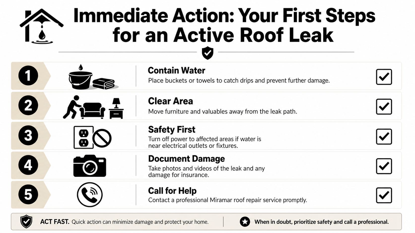 An instructional infographic titled Immediate Action: Your First Steps for an Active Roof Leak containing five safety steps.