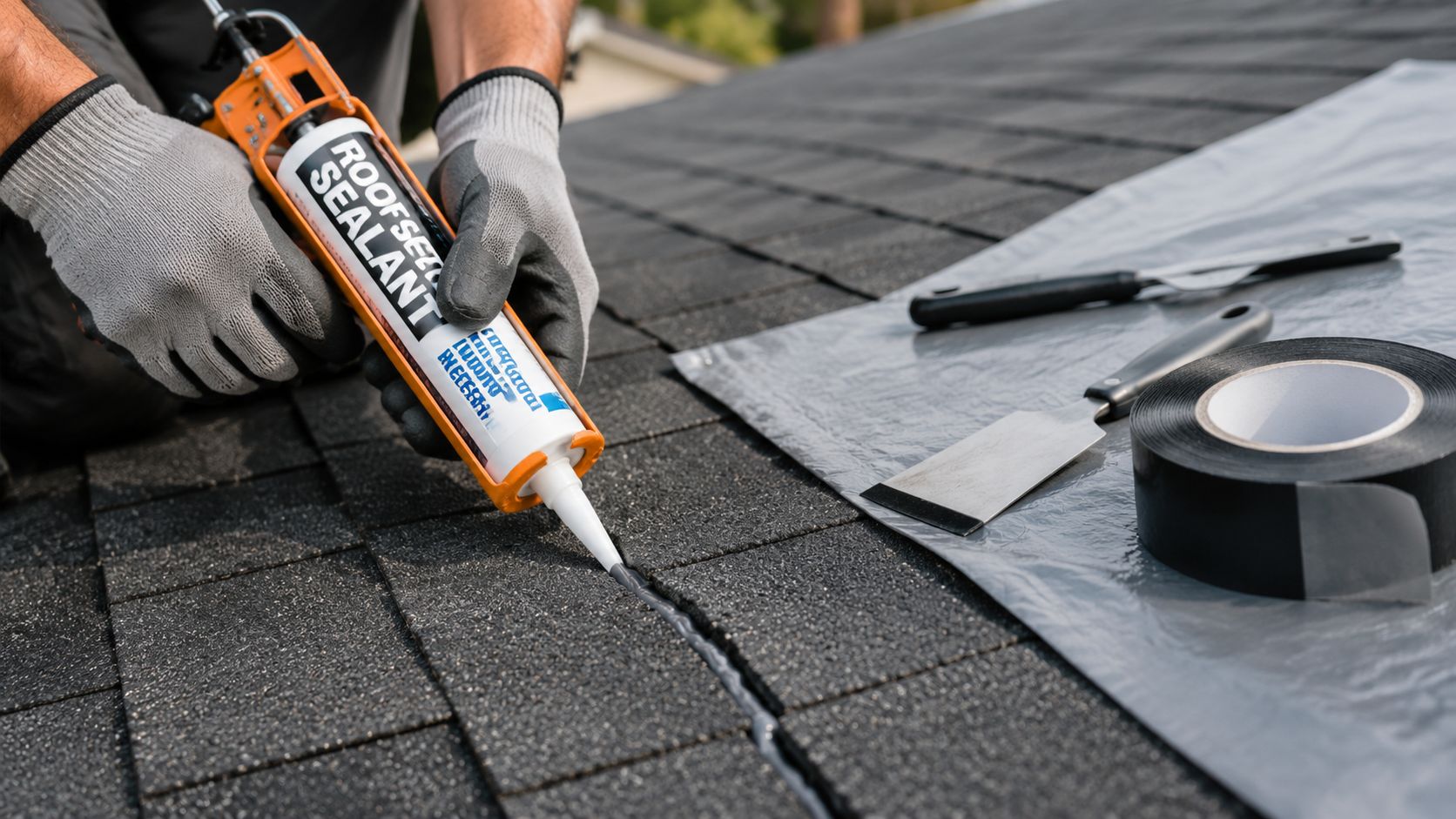 A professional construction worker uses a sealant gun to repair a roof leak with waterproof sealant.