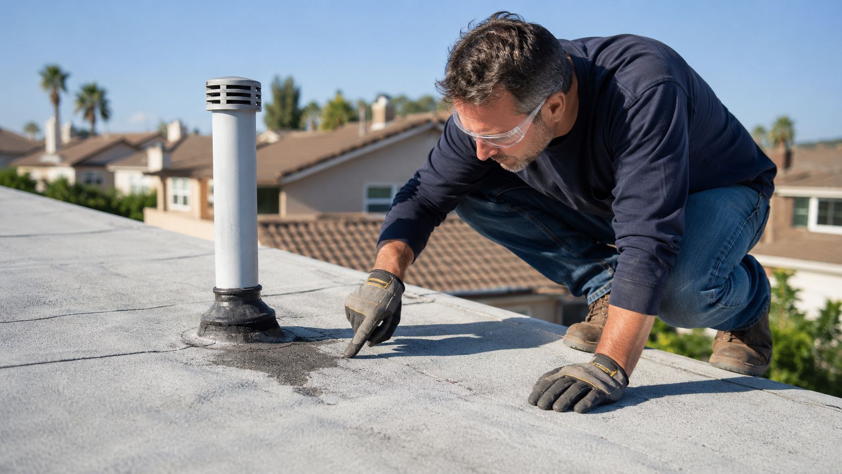 A professional roofer examining a roof leak around a vent pipe on a residential home roof.