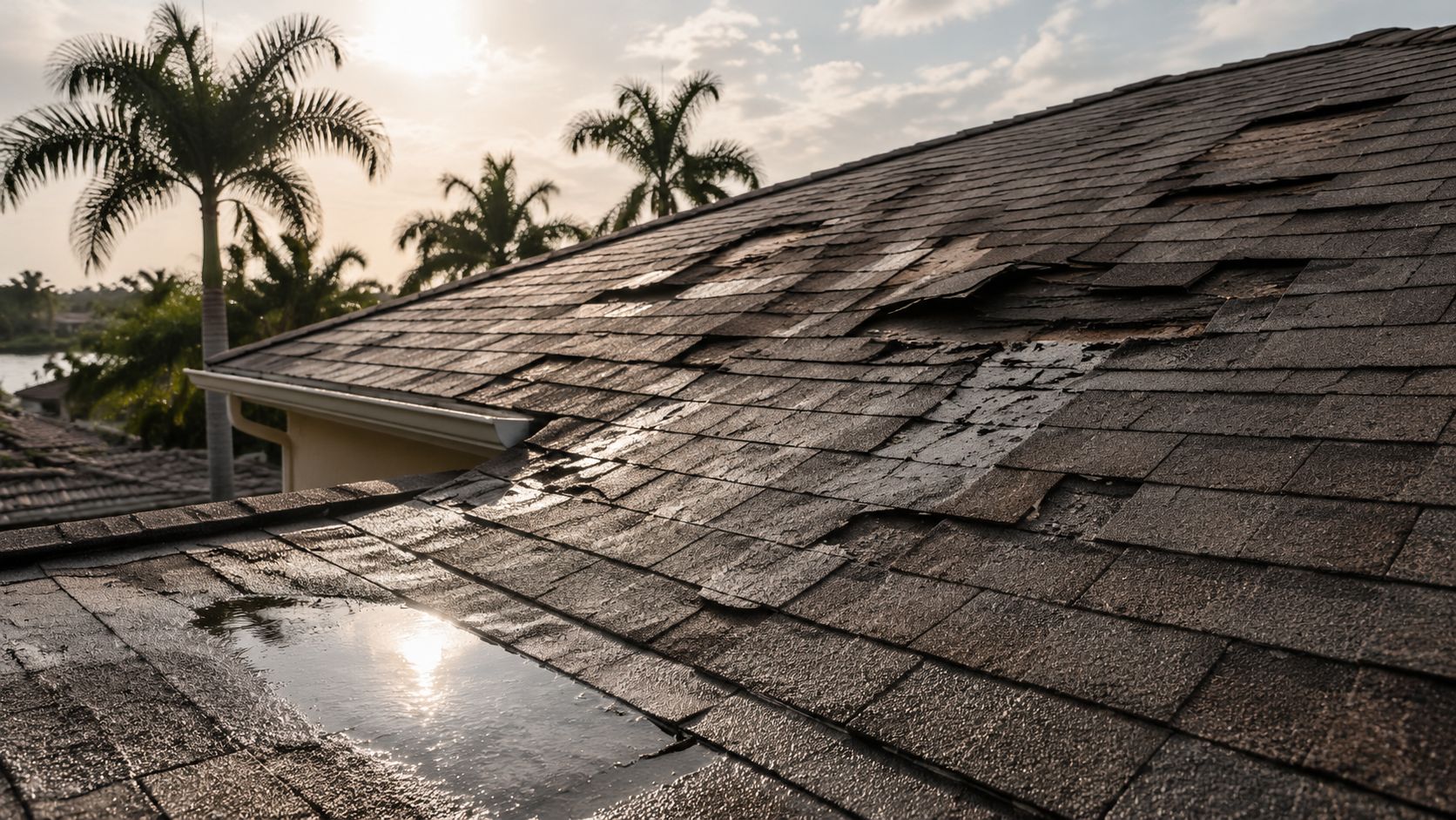 A damaged residential roof in Pembroke Pines showing shingles missing and water pooling after a storm.