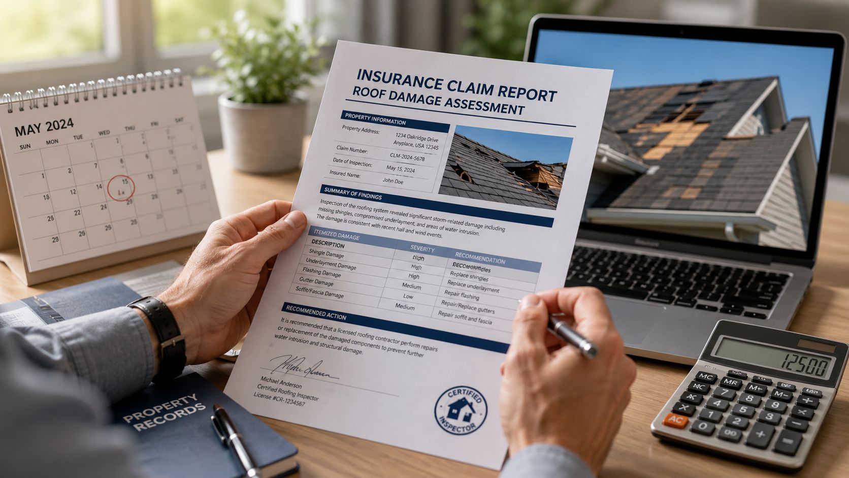 A professional roofing inspector reviewing a roof damage assessment report at a desk with a laptop.