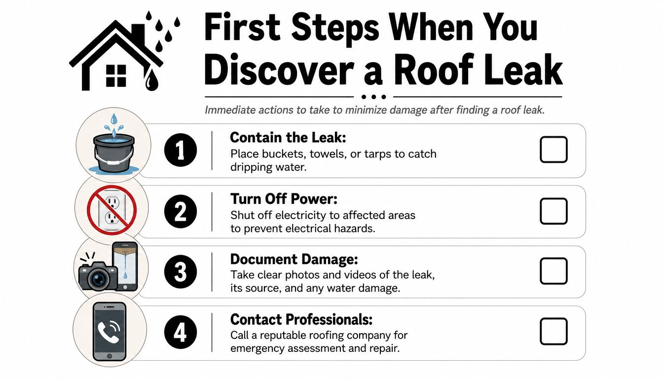 A four-step infographic illustrating immediate actions to take when you discover a roof leak in your home.