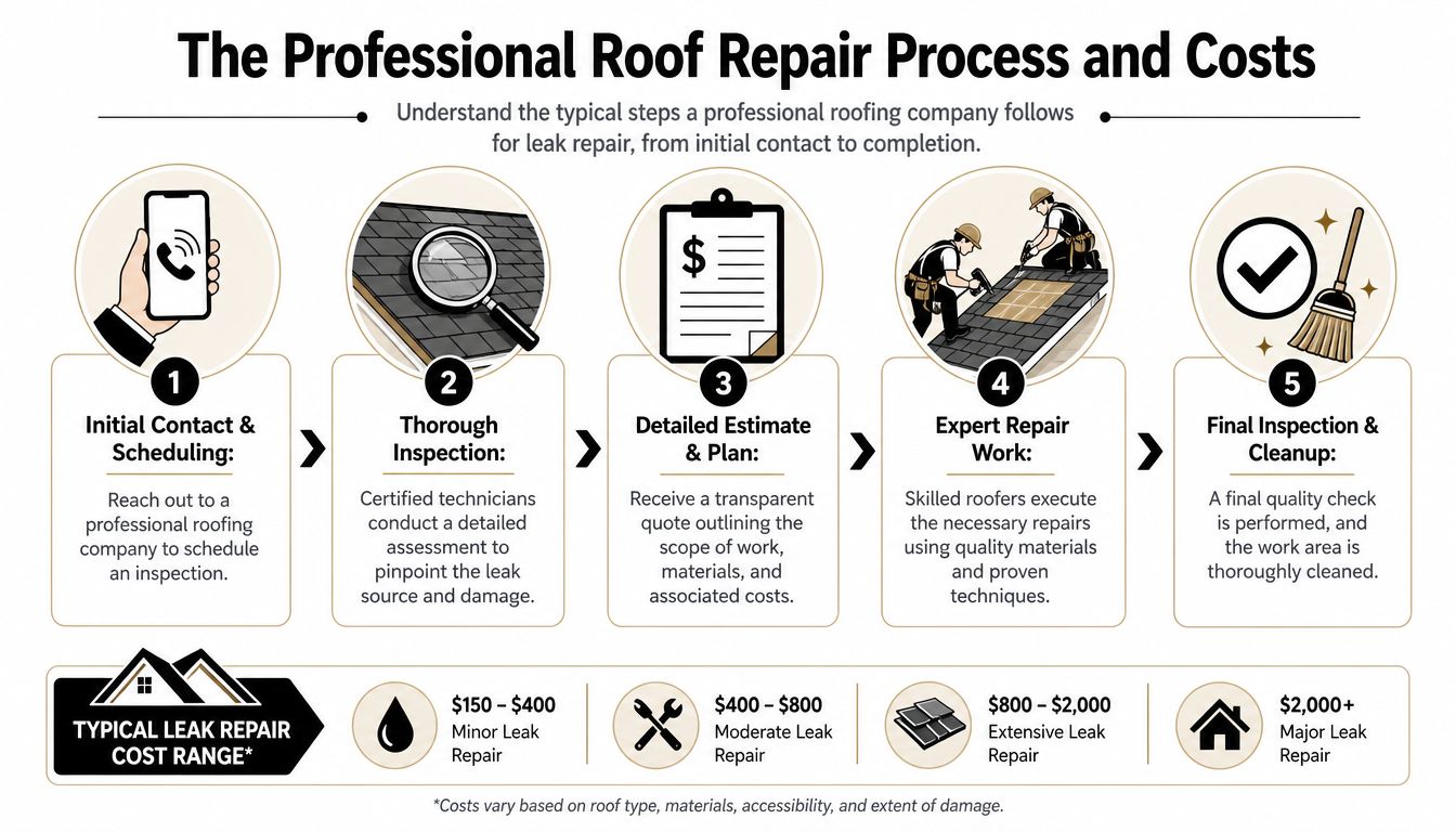 A five-step infographic showing the professional roof leak repair process and estimated cost ranges.
