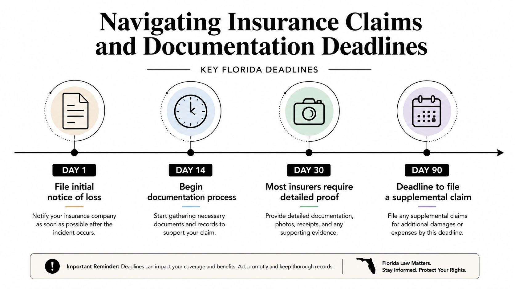 A timeline infographic detailing the essential Florida insurance claim and documentation deadlines from day one to ninety.