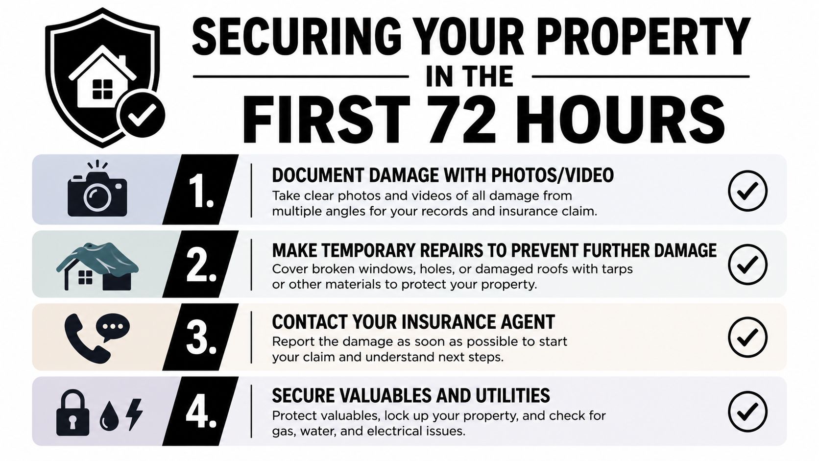 An infographic showing four steps to secure property within 72 hours after a disaster occurs.