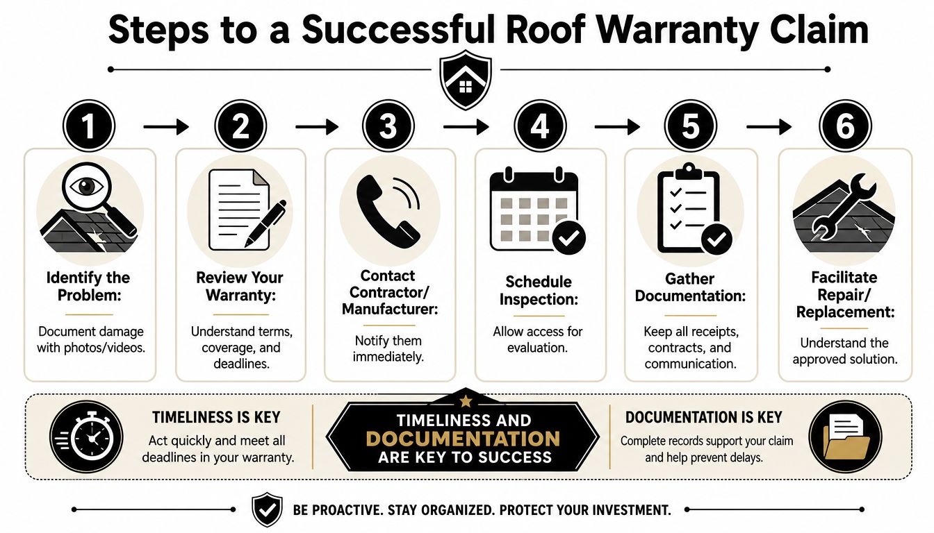 A six-step infographic guide illustrating the process for successfully filing a residential roof warranty claim.