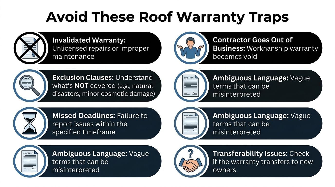 An infographic titled Avoid These Roof Warranty Traps, listing common pitfalls such as invalidations and exclusions.