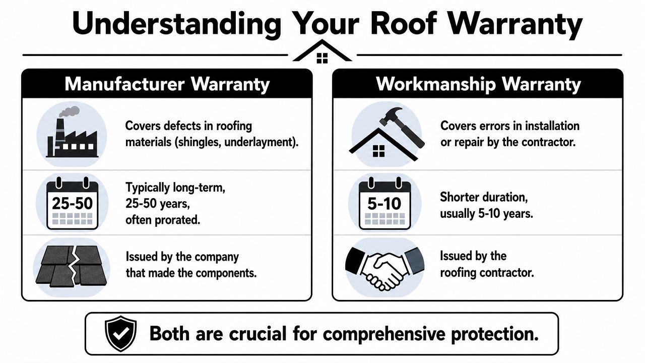 An infographic detailing the differences between manufacturer warranties and workmanship warranties for residential roofing projects.