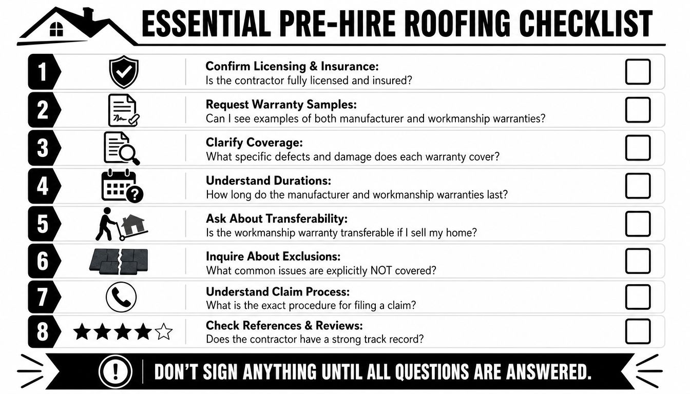 An essential pre-hire roofing checklist to help homeowners evaluate contractors and warranty coverage before signing contracts.