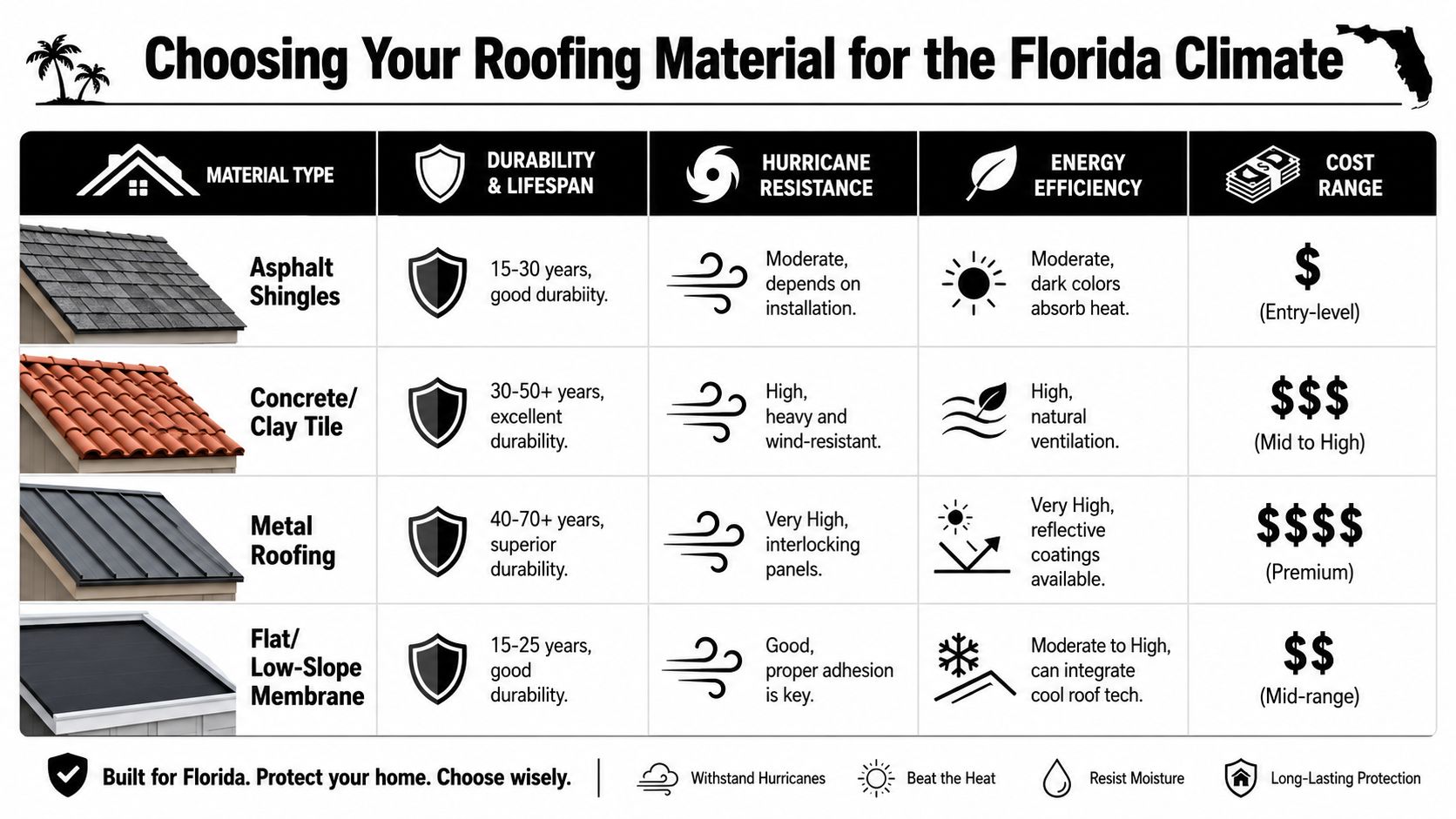 A comparison chart outlining different roofing materials suitable for Florida's climate, including durability, wind resistance, and cost.