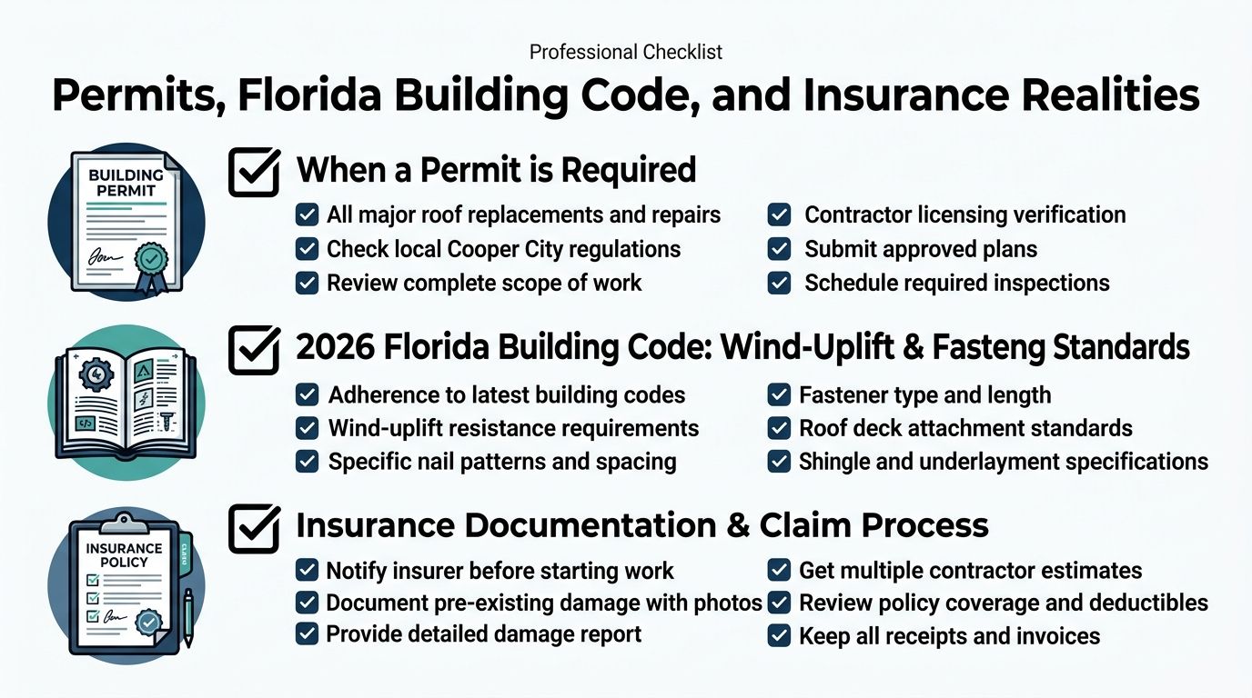 A professional checklist infographic detailing permit requirements, Florida building codes, and insurance claim processes for roof projects.