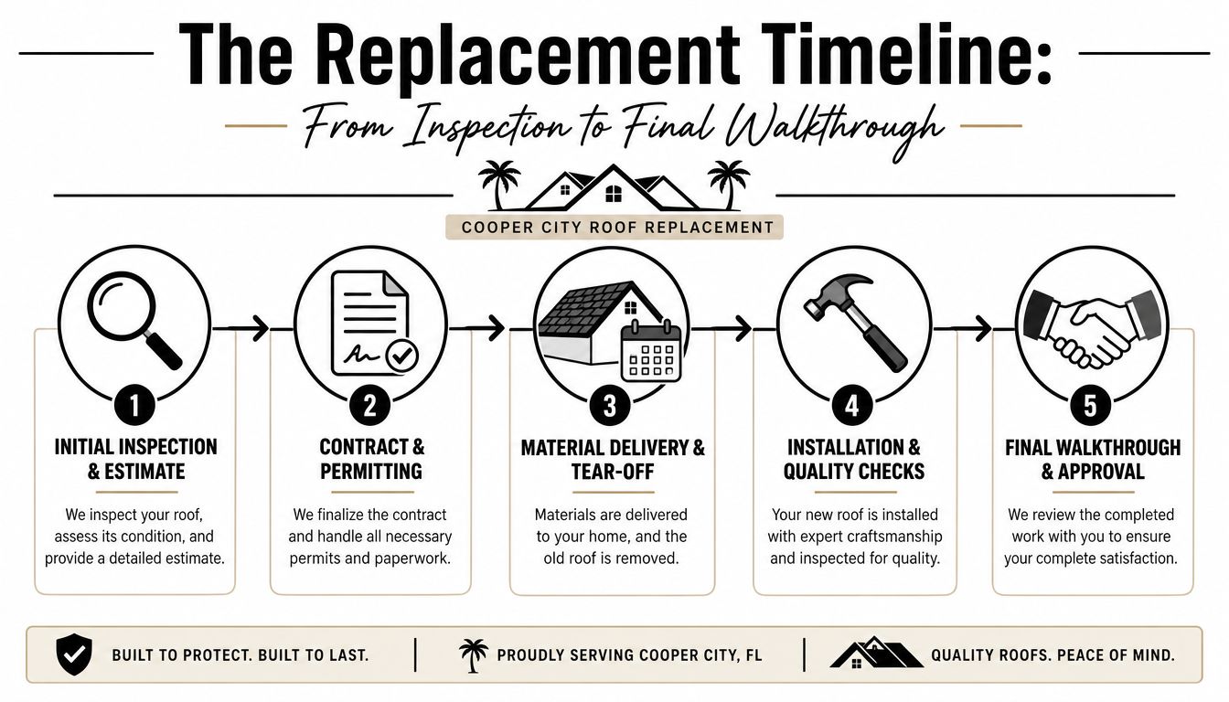 A five-step infographic showing the Cooper City roof replacement process from initial inspection to final walkthrough.