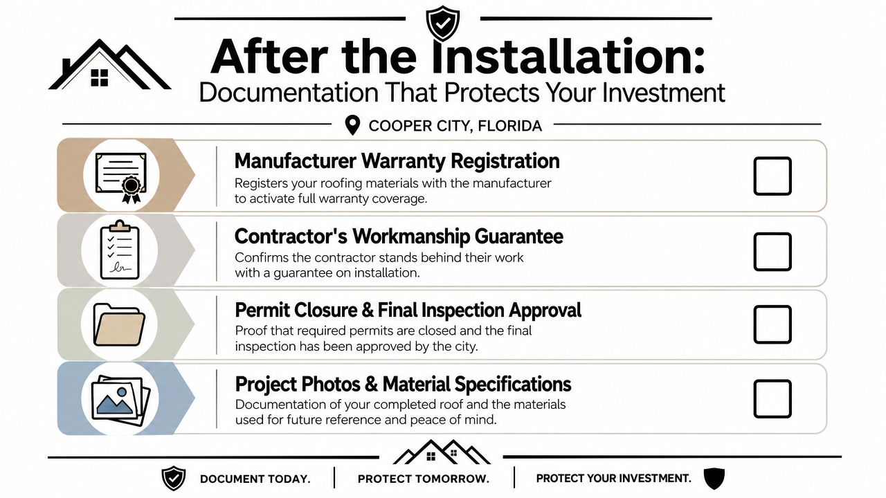 An infographic checklist for essential roofing documentation after a new roof installation in Cooper City, Florida.