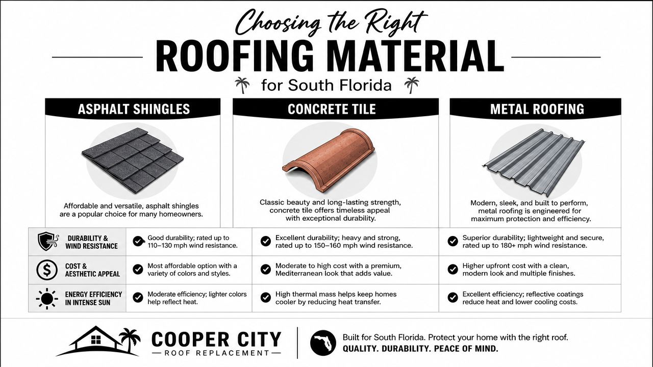 A comparison chart of roofing materials for South Florida homes including asphalt shingles, concrete tiles, and metal.