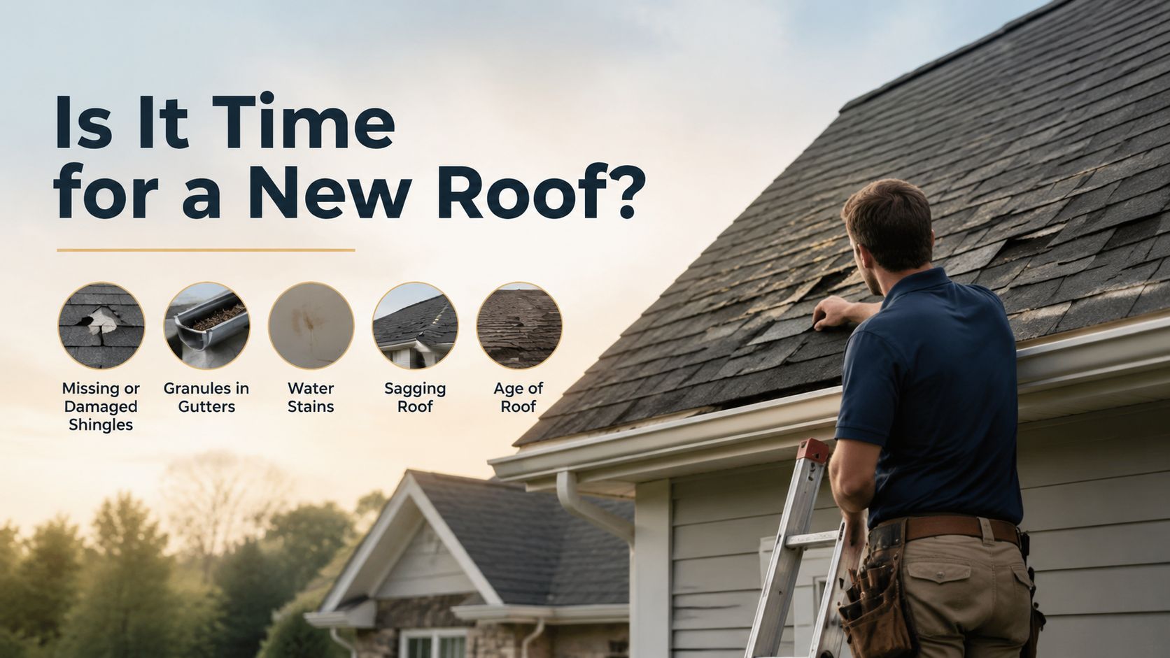 A professional roofer inspects damaged shingles on a residential roof to determine if replacement is needed.