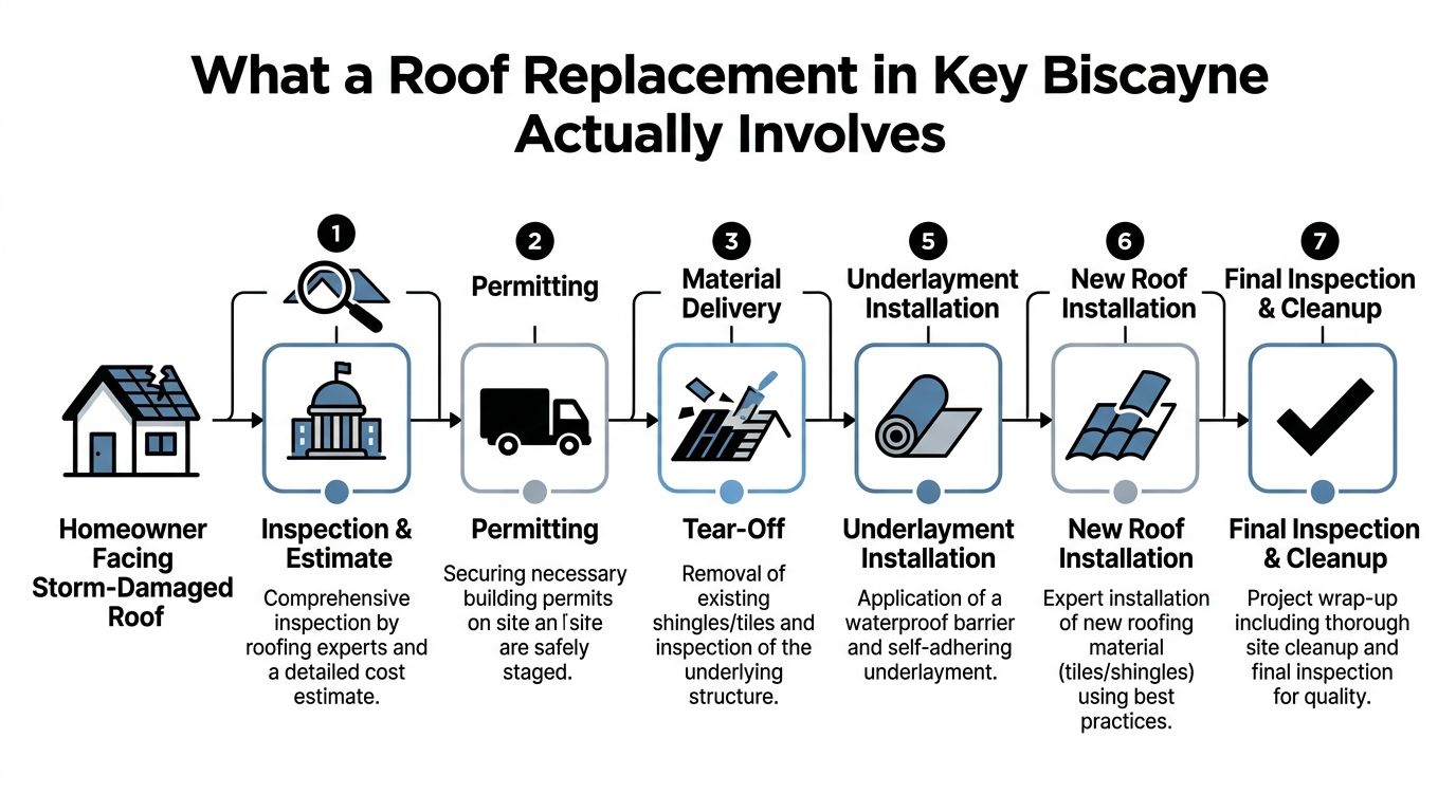 A diagram illustrating the seven-step roof replacement process for storm-damaged homes in Key Biscayne, Florida.