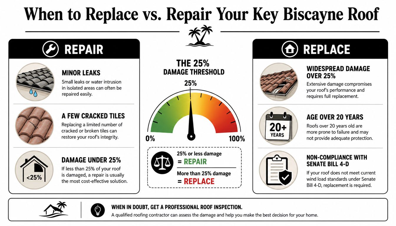 An infographic detailing when to choose repair or replacement for Key Biscayne roofs based on damage levels.