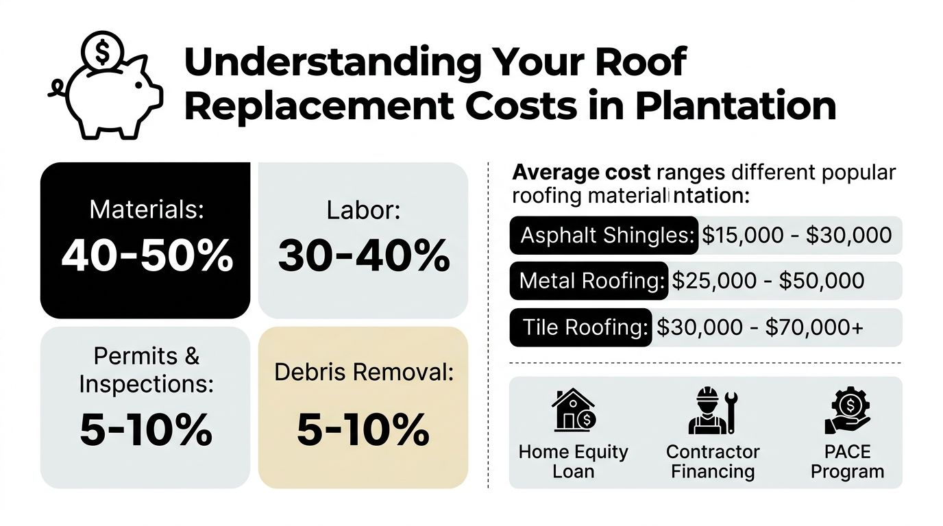 An infographic detailing the average cost breakdown and funding options for roof replacement in Plantation, Florida.