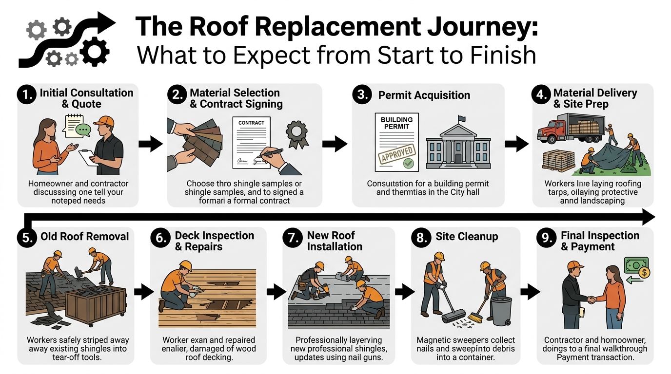 An infographic showing the nine steps of a residential roof replacement process from consultation to final payment.