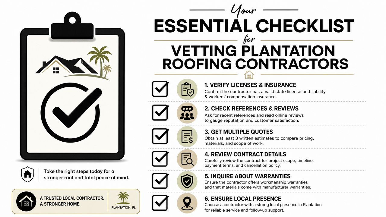 A checklist infographic for vetting and choosing reliable professional roofing contractors in Plantation, Florida.