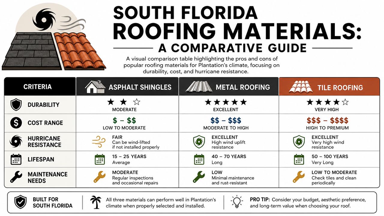 A comparison chart of asphalt shingles, metal, and tile roofing materials for South Florida homes.