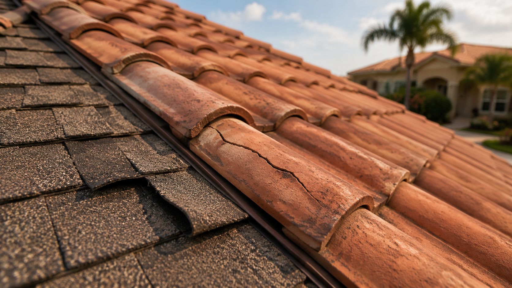 Close up view of damaged clay roof tiles next to asphalt shingles on a residential house.