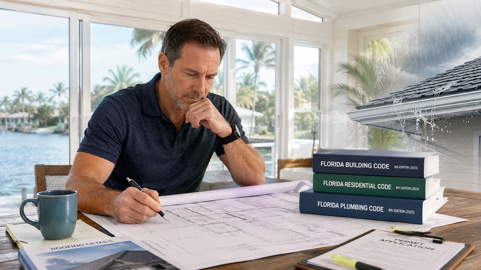 A professional engineer sits at a desk reviewing architectural blueprints with Florida building code books nearby.