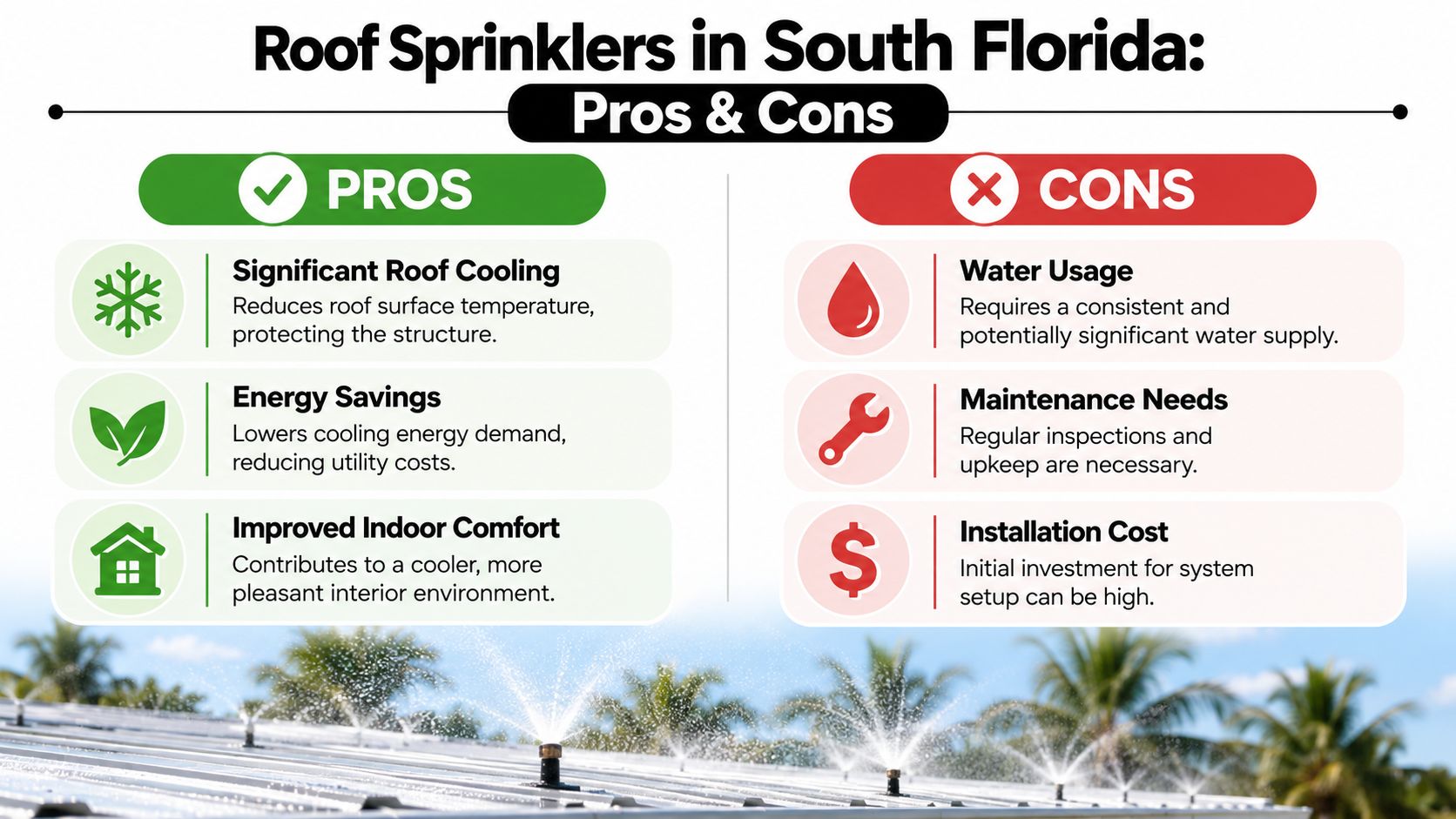 A graphic presentation detailing the benefits and drawbacks of installing roof sprinkler systems in South Florida.