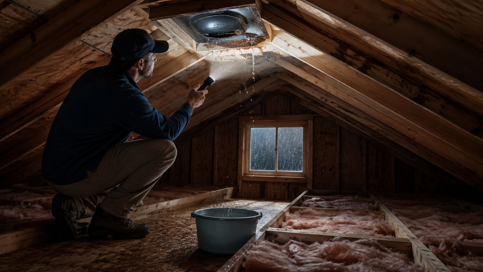 A person in an attic uses a flashlight to inspect a roof vent leaking during heavy rain.