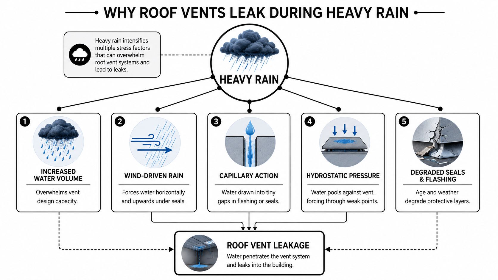 An infographic showing five main causes of roof vent leaks during heavy rain, including volume and pressure.