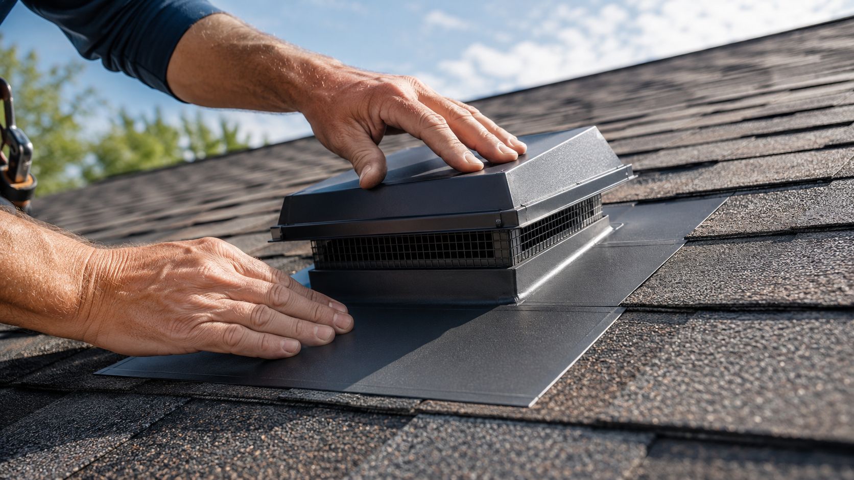A professional construction worker installing a new roof vent on a residential shingle roof.