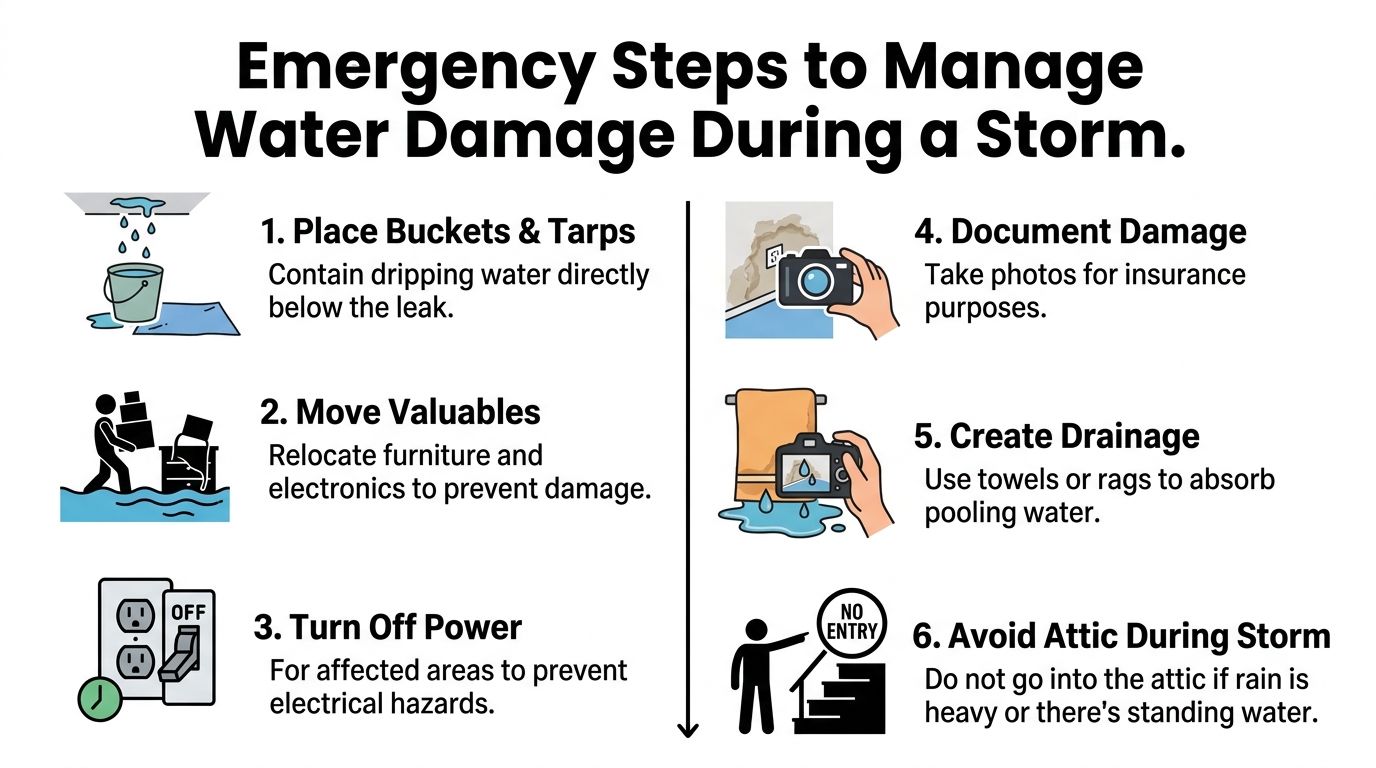 An infographic showing six emergency steps to manage water damage and leaks during a storm.
