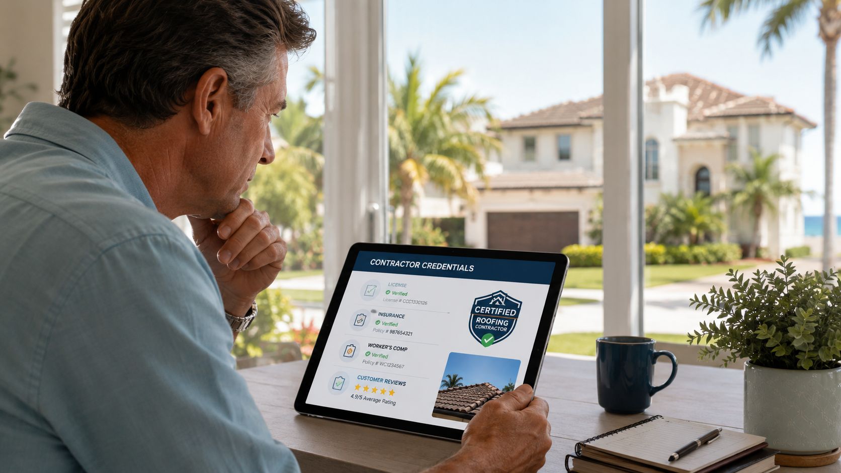 A man reviews digital contractor credentials for a roofing company while looking out at a suburban home.