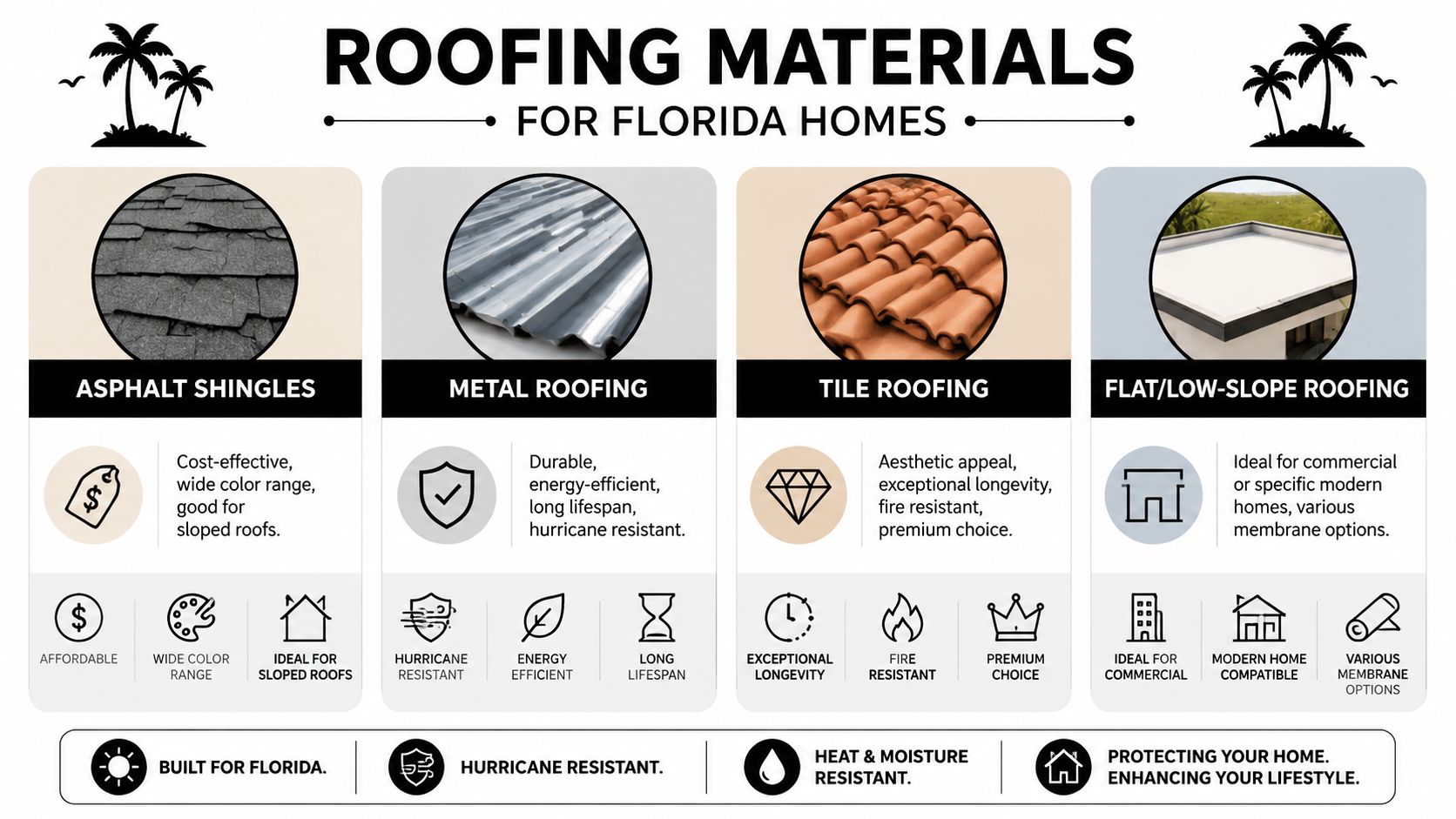An infographic showing various roofing material options for homes located in Florida, including their benefits and features.