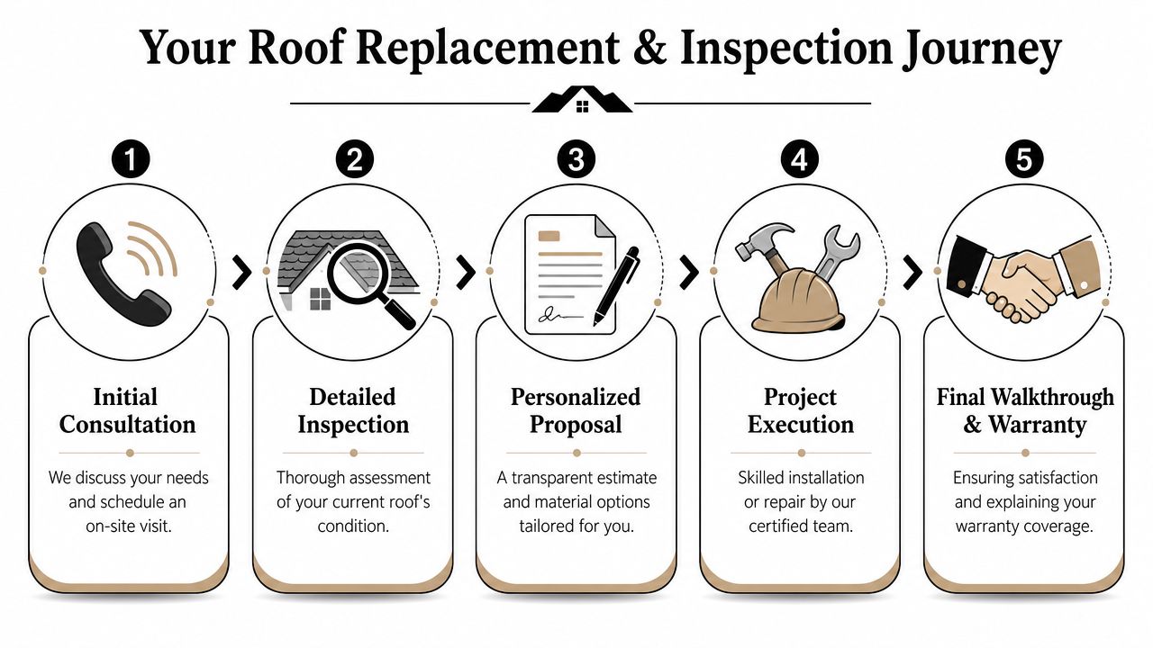 A five-step infographic showing the professional roofing company service process from initial consultation to final inspection.