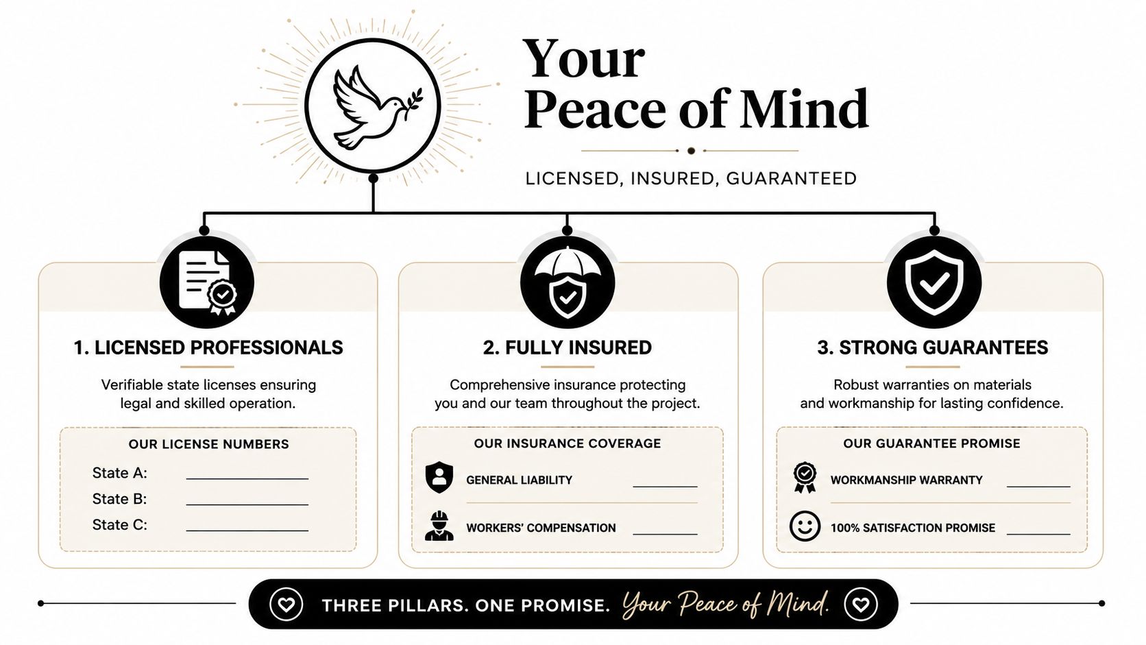 A professional infographic highlighting three pillars of service: licensed professionals, fully insured operations, and strong customer guarantees.