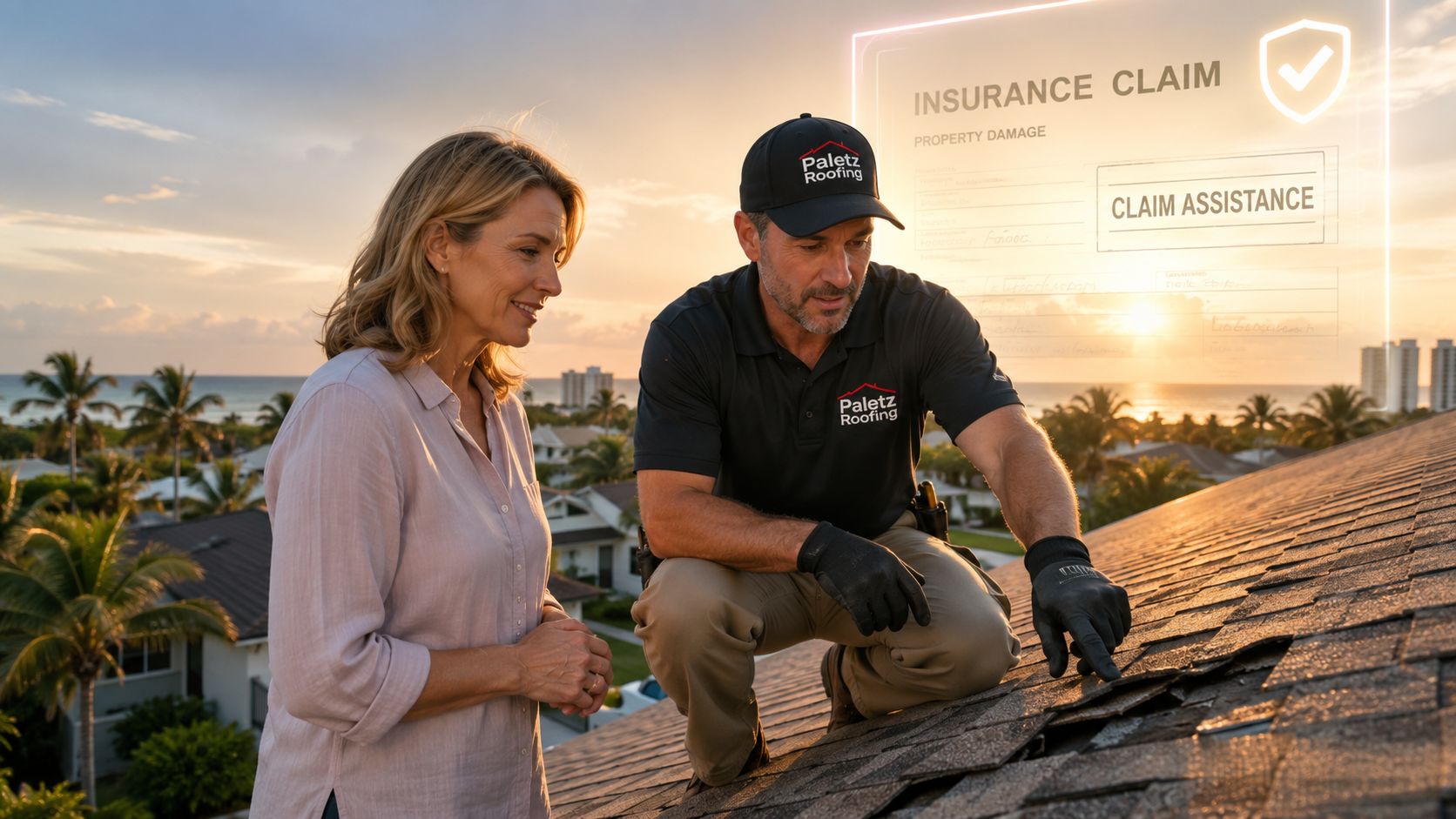 A professional roofer from Paletz Roofing discussing property damage with a homeowner on a residential roof.