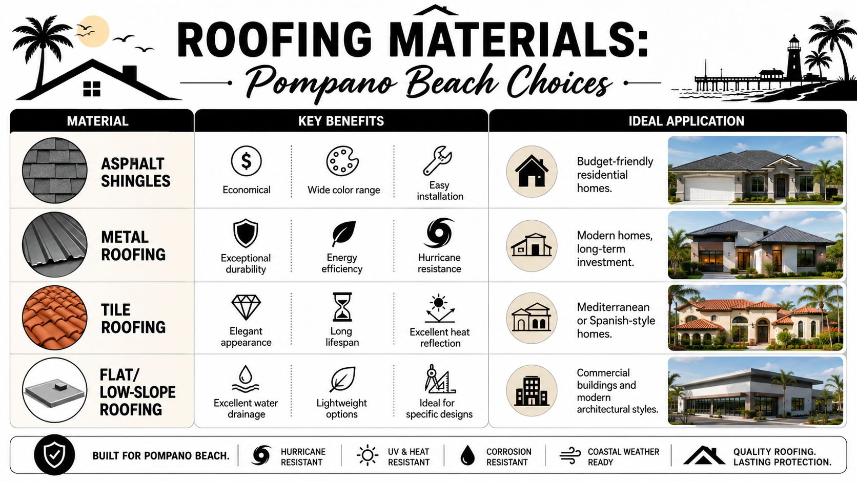 An infographic detailing various roofing material options suitable for residential and commercial buildings in Pompano Beach.