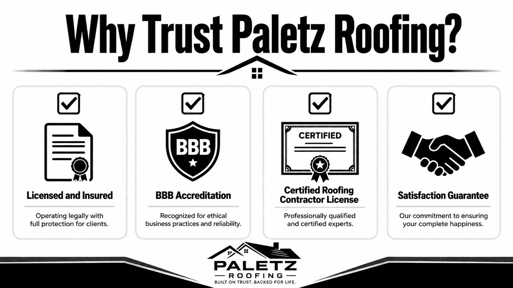 Graphic titled Why Trust Paletz Roofing listing four business credentials including licensing, accreditation, and satisfaction guarantees.