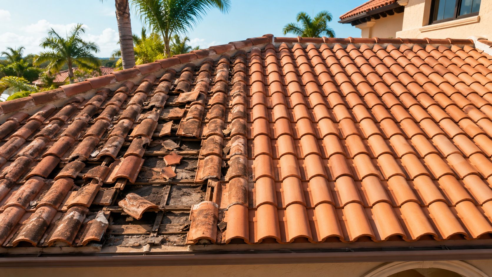 A damaged residential tile roof in Florida showing exposed wooden decking requiring professional roof replacement services.