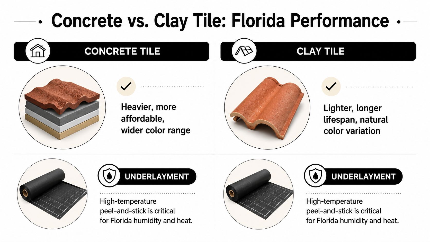 A comparison chart highlighting the performance differences between concrete and clay roof tiles in Florida.
