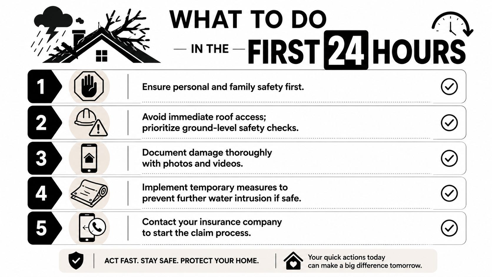 An infographic detailing five essential safety and documentation steps to take within 24 hours of home wind damage.