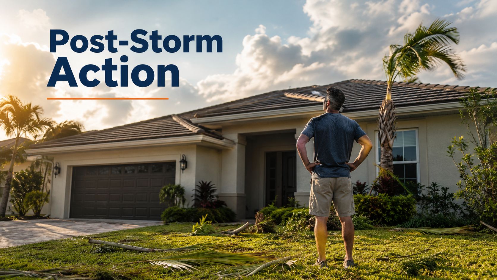 A man stands in a yard looking at his house roof following a storm to inspect damage.