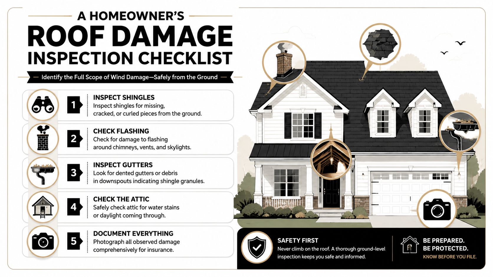 An infographic titled Homeowner's Roof Damage Inspection Checklist showing five steps to inspect wind damage safely.