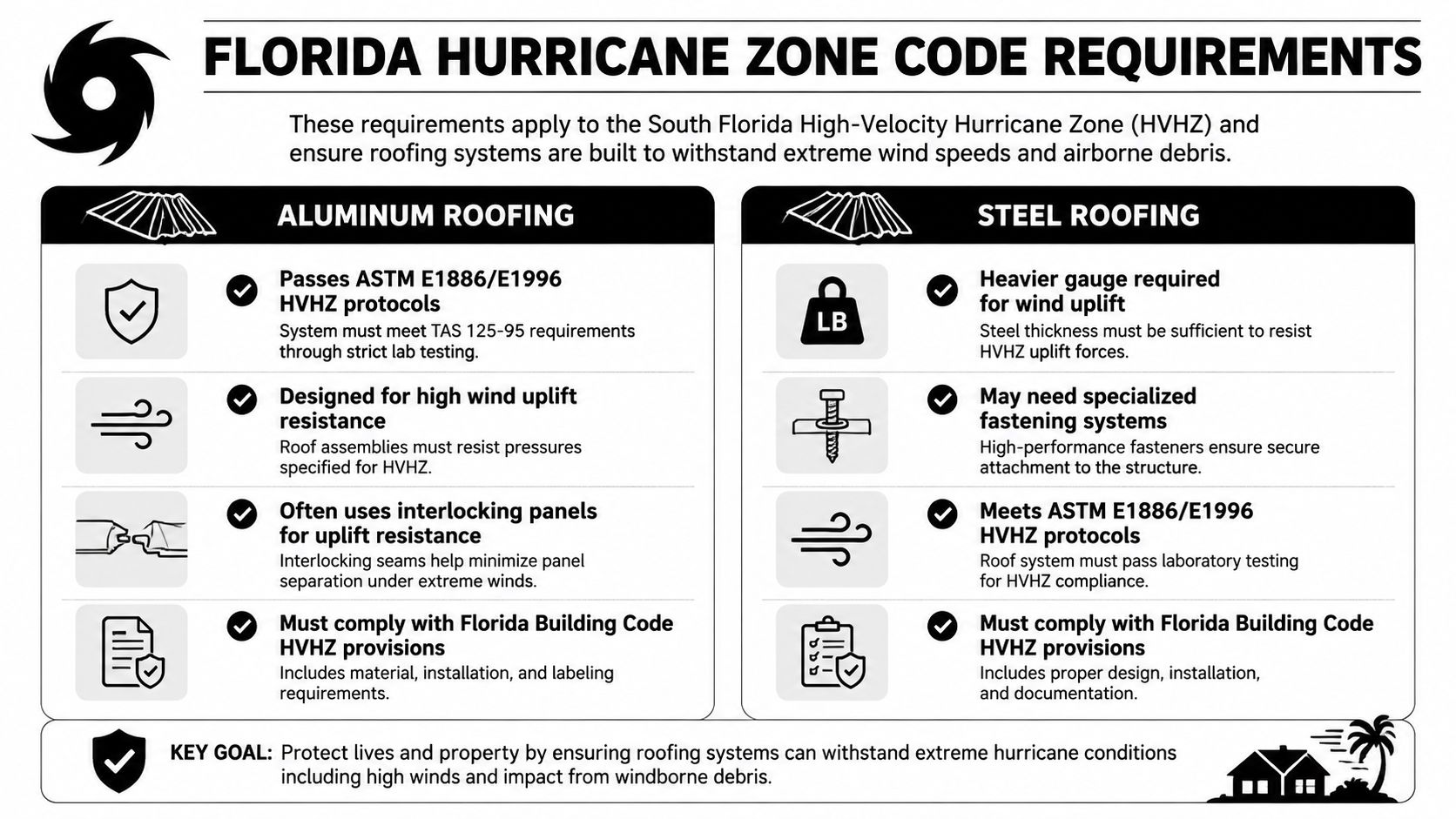 An infographic detailing Florida building code requirements for aluminum and steel roofing in hurricane zones.