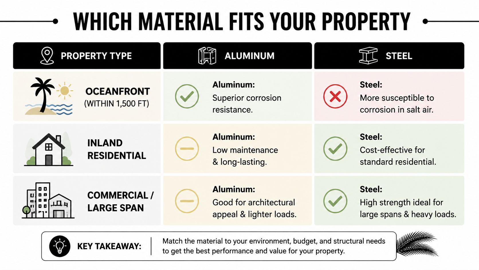 A comparison chart showing the suitability of aluminum and steel materials for oceanfront, residential, and commercial properties.