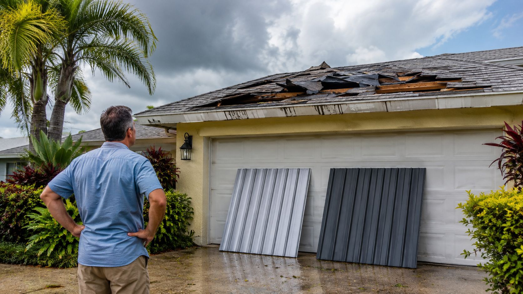 A man stands in a driveway looking up at storm damaged roof shingles with metal panels nearby.