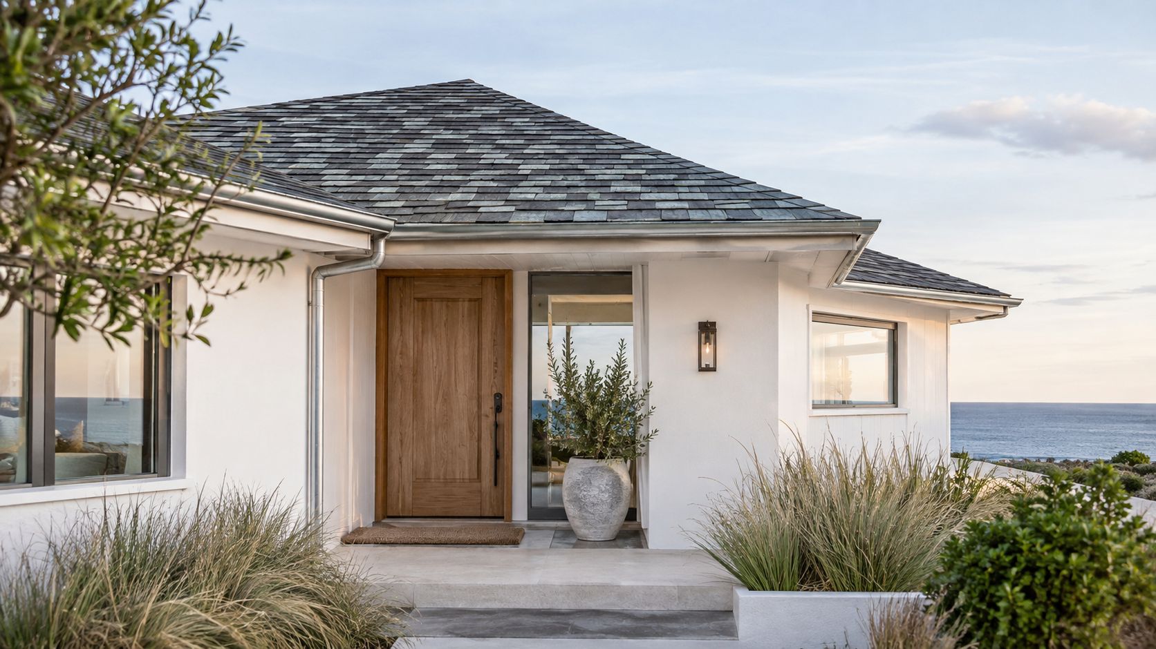 A modern white house featuring a beautiful natural wood front door and stylish dark grey roof shingles.