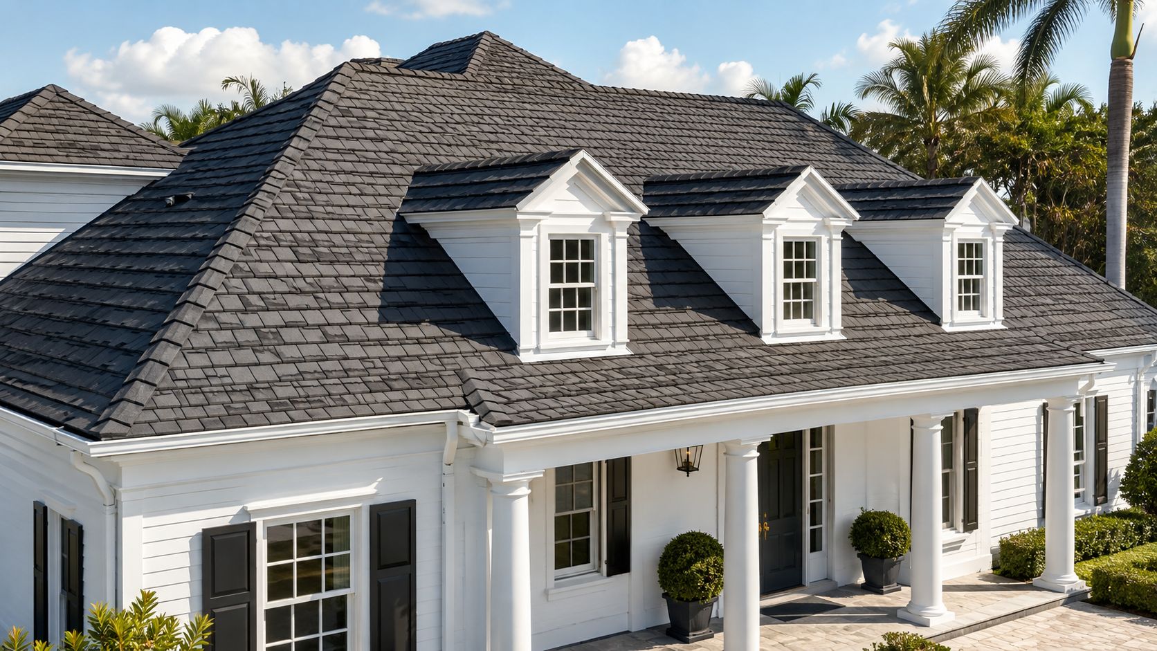 A luxurious white house featuring dark grey composite roof shingles and elegant architectural details with columns.
