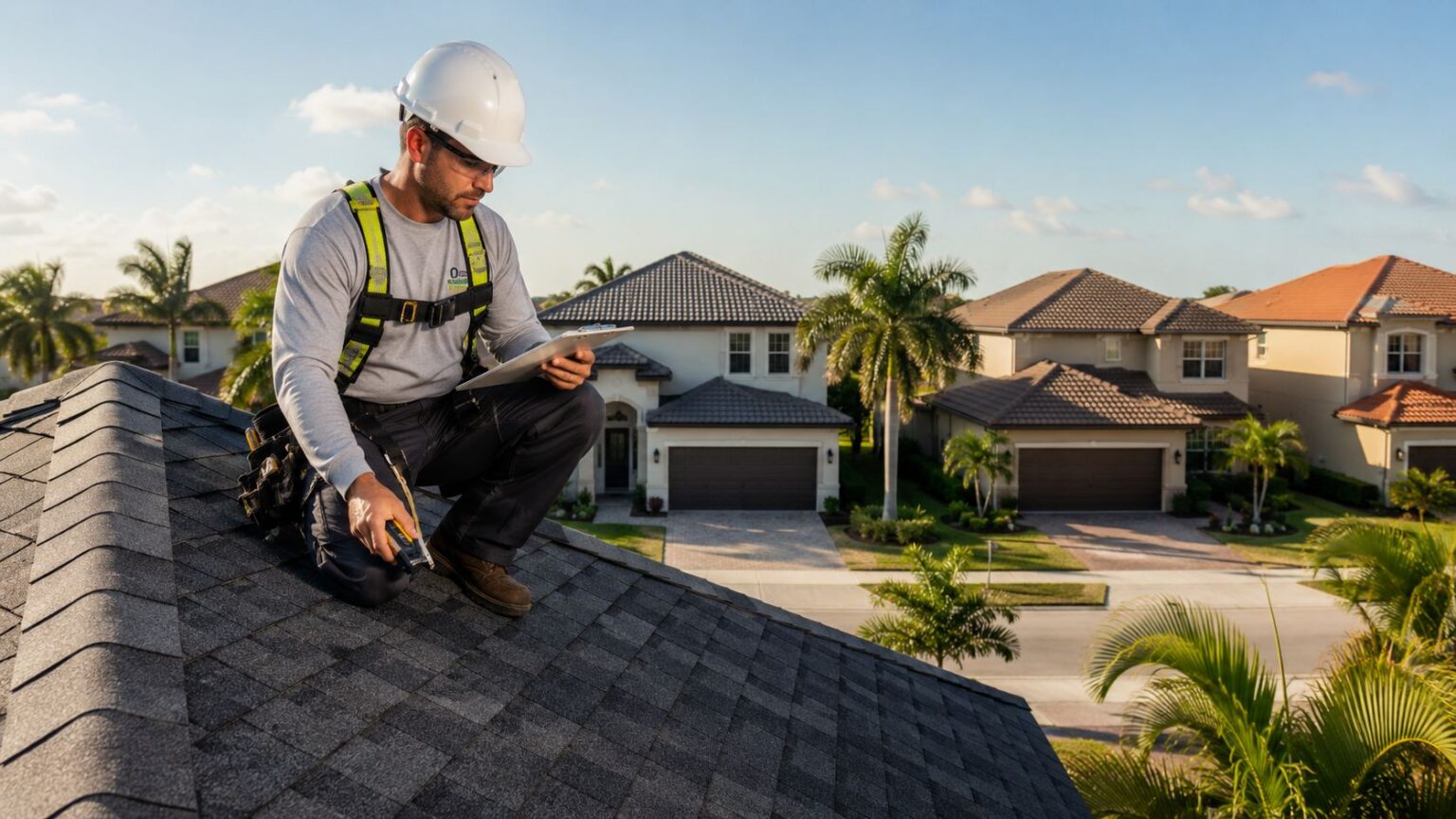 A detailed image showing a roofing project inspection with a professional using a clipboard and checking the roof from below.